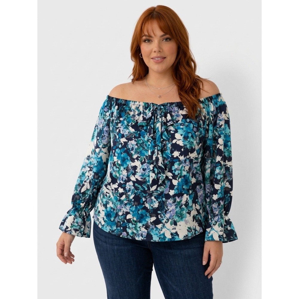 Sami & Jo Blue Floral Flowy Blouse Ruffle Front Peasant Sleeve Resort Cottage XL